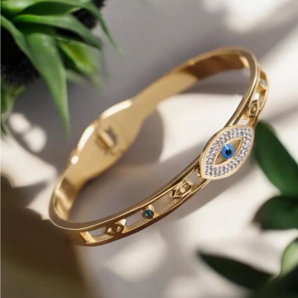 Gold Evil Eye Bangle Bracelet with Blue Accent